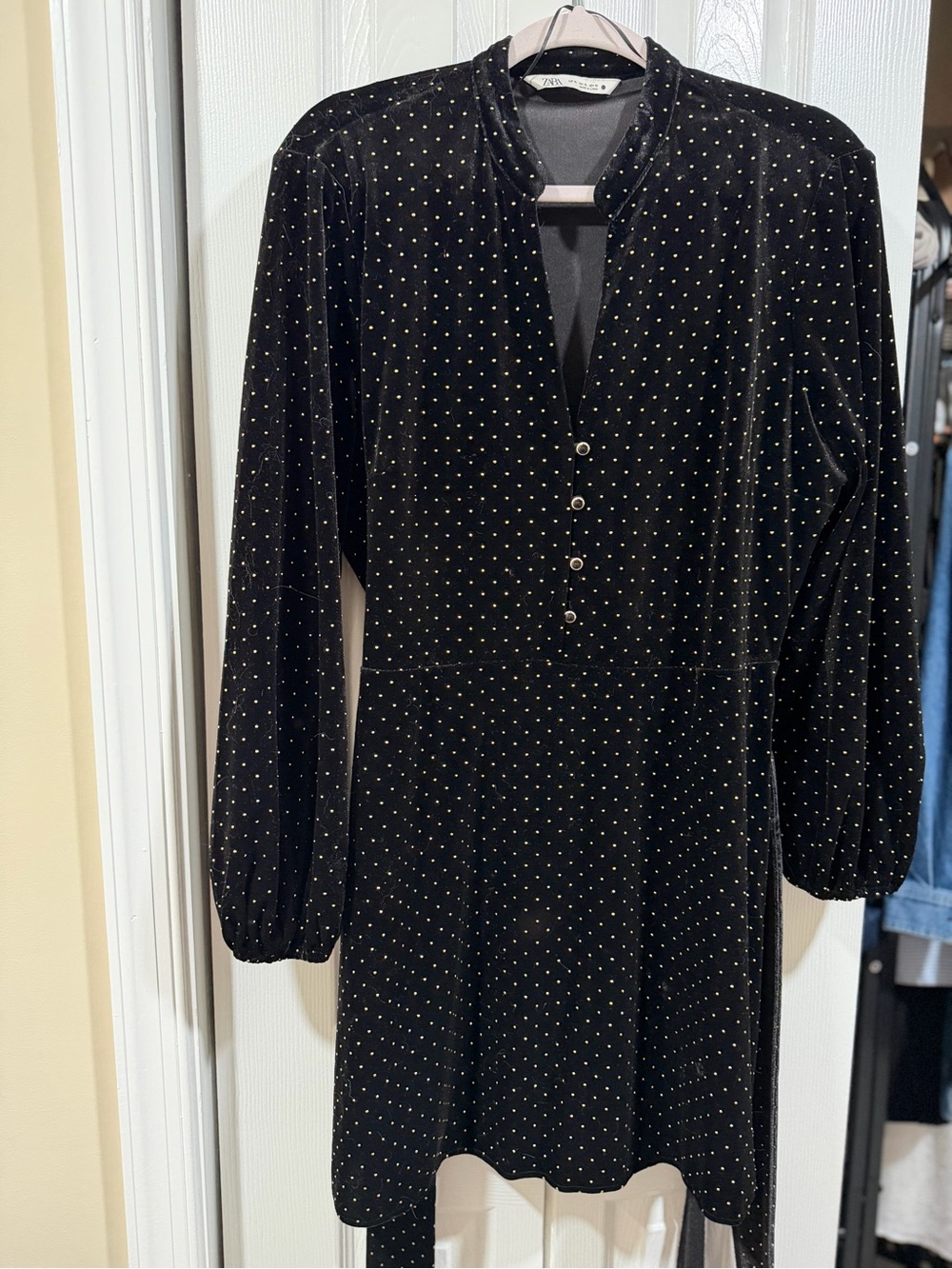 Zara Black Velvet Long-Sleeve Dress with Gold Dots